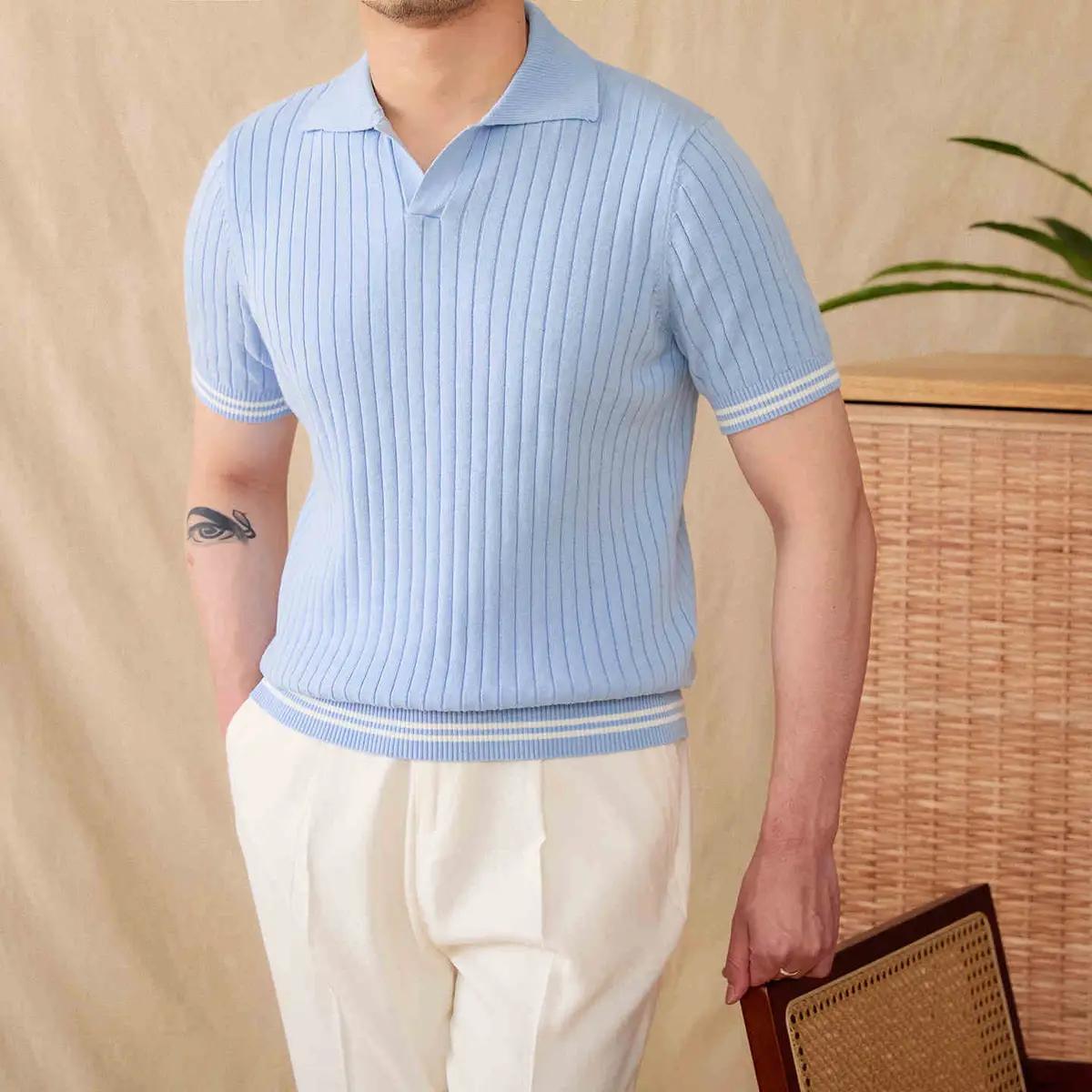 Erkek Mavi Lapel T-shirt